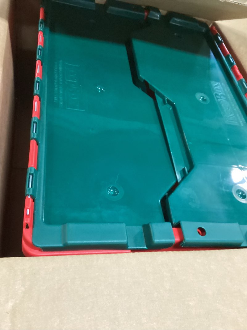 Condition photo showing Good Condition for Akro-Mils KeepBox 12 Gallon Storage Container, Nesting and Stackable Plastic Storage Box with Lid Attached, Clear Tote for Garages, Closets, and Moving, 21-1/2" x 15" x 12-1/2", Red/Green Red/Green 12 Gallons 1-Pack