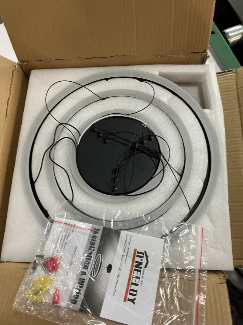 Condition photo showing Good Condition for O'NEELDY Modern LED Chandeliers Adjustable Hanging Black Pendant Light Fixture 3 Ring Flush Mount Chandeliers for Bedroom,Kitchen,Island Cafe