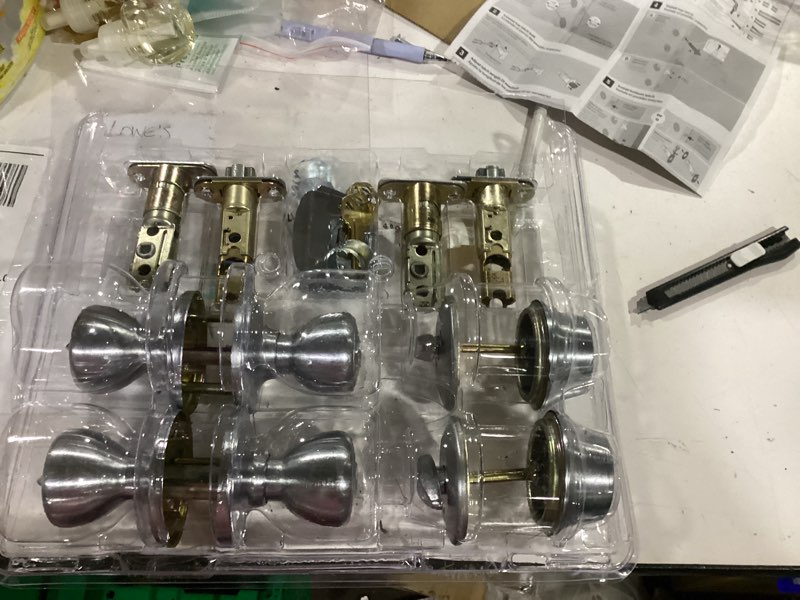 Condition photo showing As Is for kwikset tylo 2 entry knobs 2 deadbolts satin chrome security set