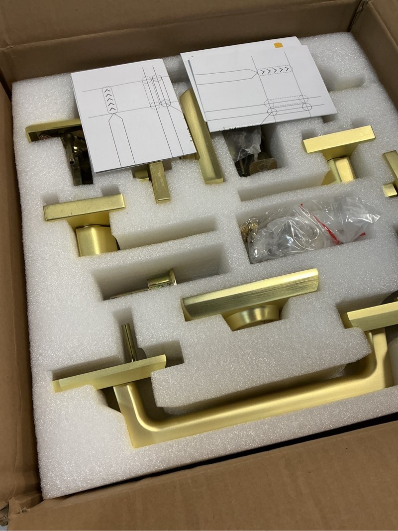 Condition photo showing New/Like New for Moquin Double Front Door Lock Set, Brushed Gold Square Front Door Hardware Set with Dummy, Heavy Duty Door Handle with Deadbolt, Stain Brass Double Entry Door Lock Set with Reversible Handle Satin Brass
