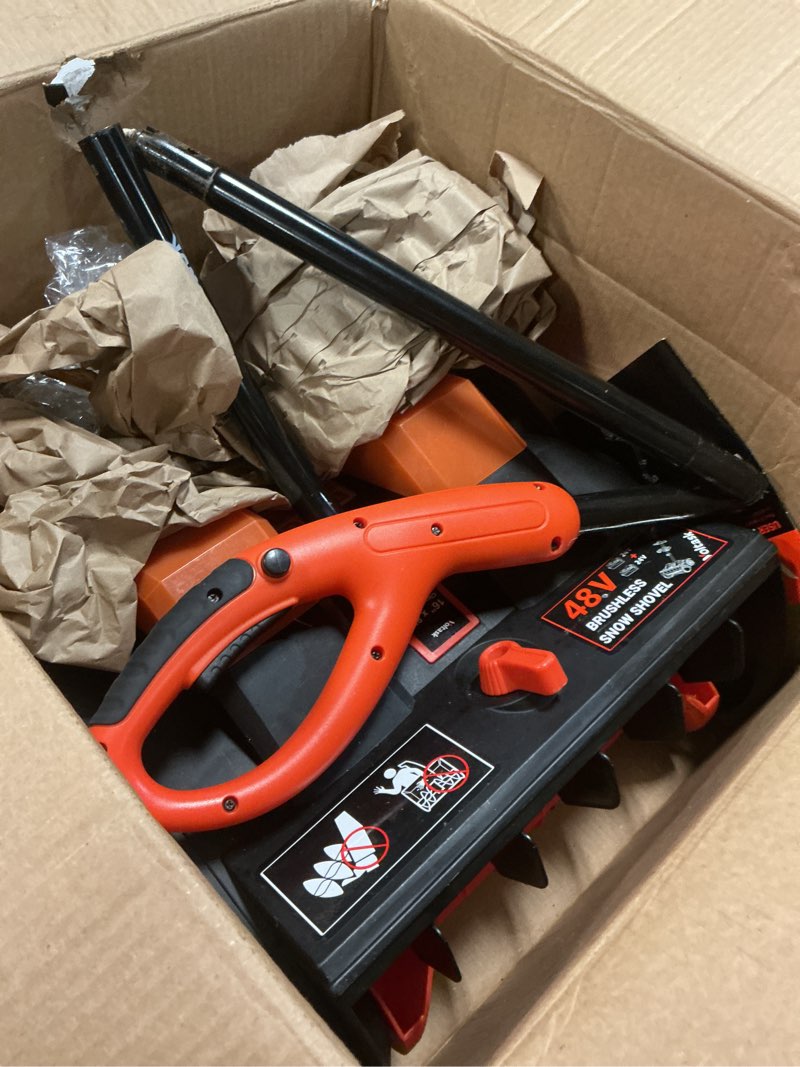 Condition photo showing As Is for VOLTASK Cordless Snow Shovel with Wheels, 48V | 16-Inch | 4-Ah Brushless Cordless Snow Blower, Battery Snow Blower with Directional Plate & LED Lights (2 * 24V Battery & Dual Quick Charger Included)