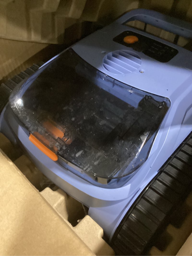 Condition photo showing As Is for cordless robotic pool cleaner,automatic robotic pool vacuum for inground pools,spa pool robot cleaning up to 2150 sq.ft for floor,wall climbing,waterline,4800gph suction,180min battery life blue