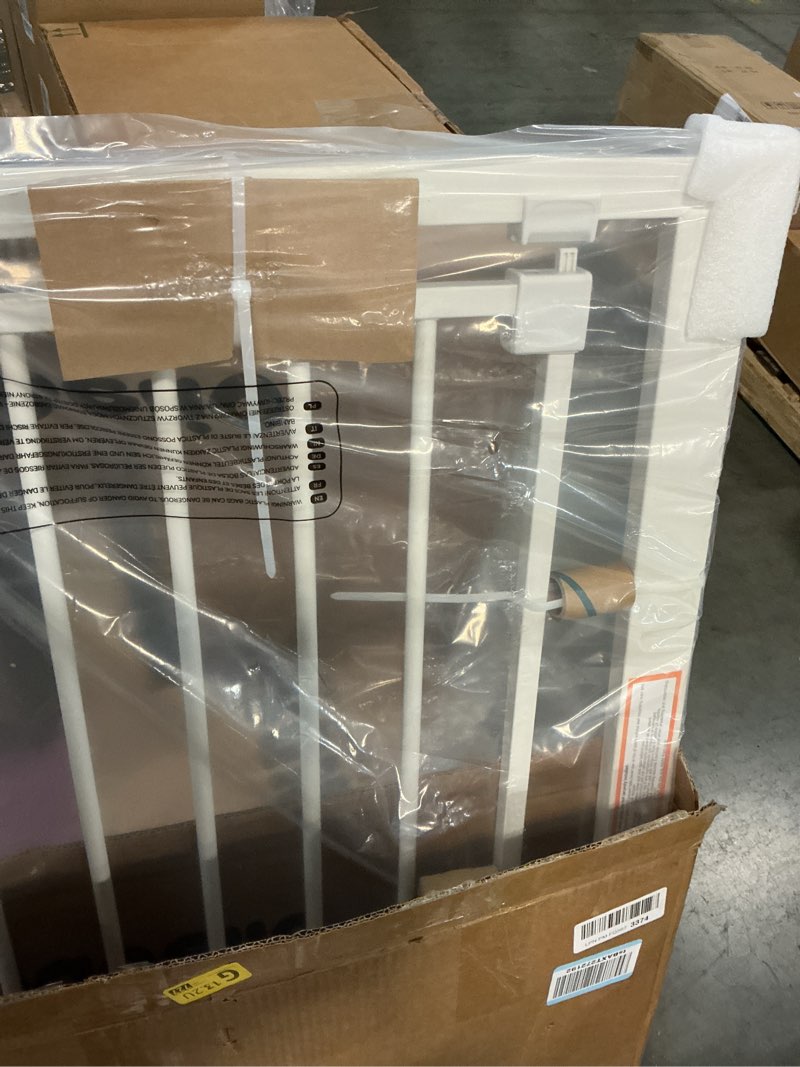 Condition photo showing New/Like New for BABELIO Baby Gate for Doorways and Stairs, 31-36" Pet Gate with Wide Walk Thru Door and Lock Indicator, No Drill Pressure Mounted Safety Gate with Double Lock and Self-Closing, White White 31-36"W, 30"H