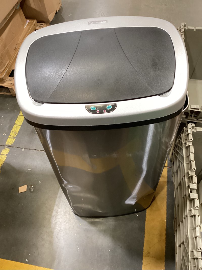Condition photo showing As Is for itouchless 24 gallon extra large touchless sensor trash can with absorbx odor filter, 91l commercial stainless steel automatic kitchen bin for home, office, restaurant, commercial lobby, store silver 24 gal