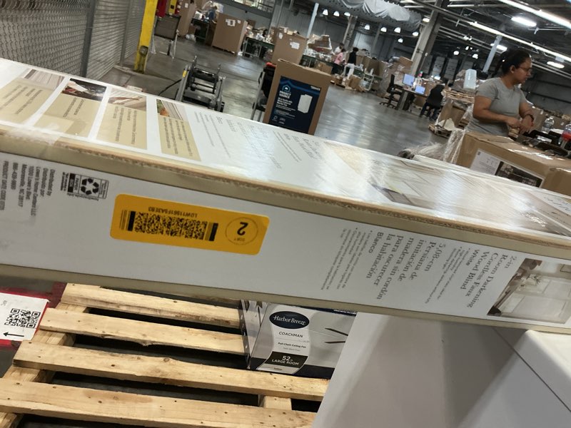 Condition photo showing As Is for allen + roth trim at home 2-in slat width 34-in x 72-in cordless white faux wood room darkening