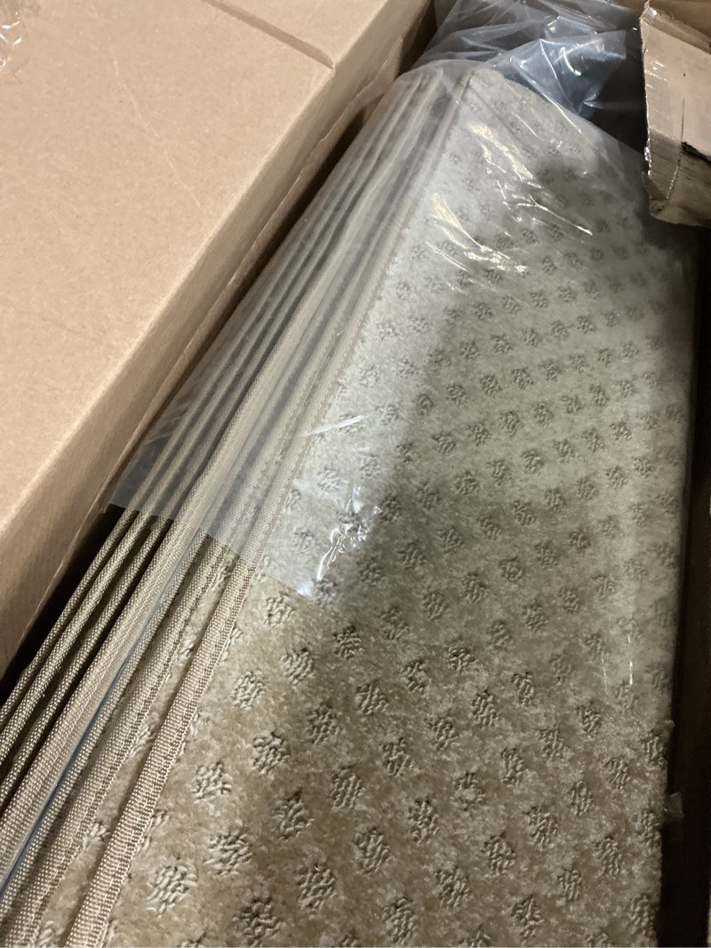 Condition photo showing Good Condition for PURE ERA Bullnose Carpet Stair Treads Tape Free Non-Slip Indoor Stair Protectors Pet Friendly Stair Treads for Wooden Steps 9.5" x 30"(14 Pieces,Cream Gray Mini-Diamond Trellis) Cream Gray Mini-diamond Trellis 14 Pieces with Bullnose