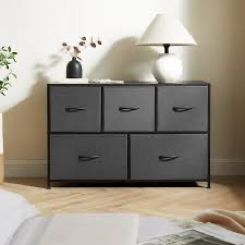 edx 5 drawer dresser, wide chest of drawers nightstand storage tower storage fabric dresser with wood top for living room, bedroom, hallway,black