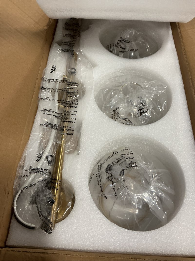 Condition photo showing Good Condition for Black and Gold Bathroom Vanity Light Over Mirror, 3 Light Bathroom Light Fixtures with Clear Globe Glass Shade, Modern Vanity Lighting Wall Mounted Black & Gold 3 Light