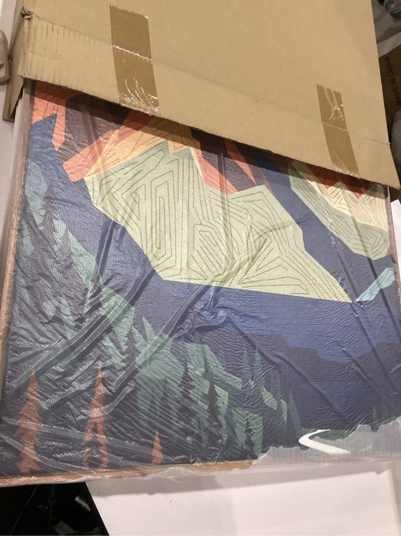 Condition photo showing Good Condition for fwiexa vintage mountain framed canvas wall art set, boho sunrise wall prints, abstract nature forest artwork, retro lake sunset painting, 3 panel 24x36 inches modern rustic decor for living room, bedroom, office abstract mountains 24"l x 36"w