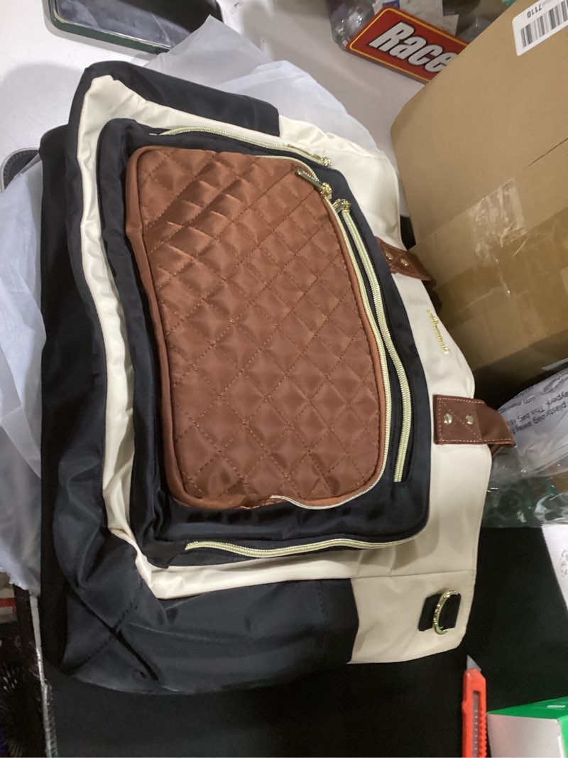 Condition photo showing Good Condition for lovevook teacher tote bag for women work, laptop bag with large cup holder, nurse bags professional briefcase business computer purses bible handbag gifts, black-beige-brown, 15.6 inch 15.6 inch black-beige-brown
