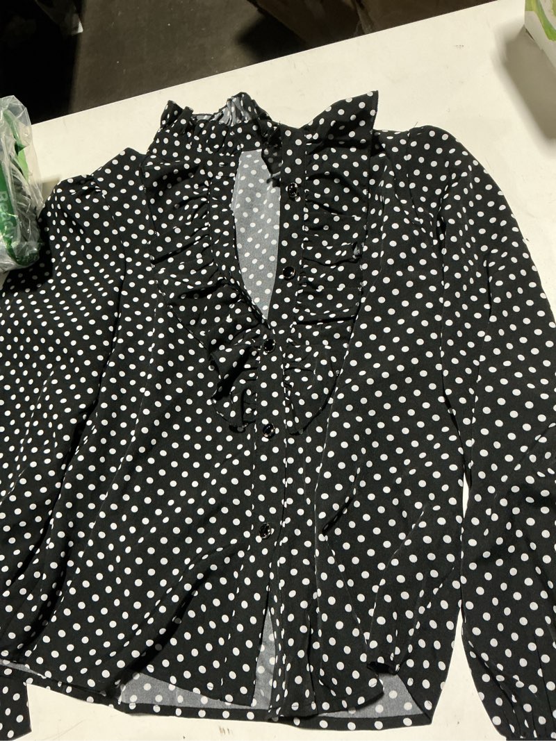 Condition photo showing Good Condition for floerns women's ladies polka dots long sleeve ruffle button down business dressy casual office shirts blouses tops small black