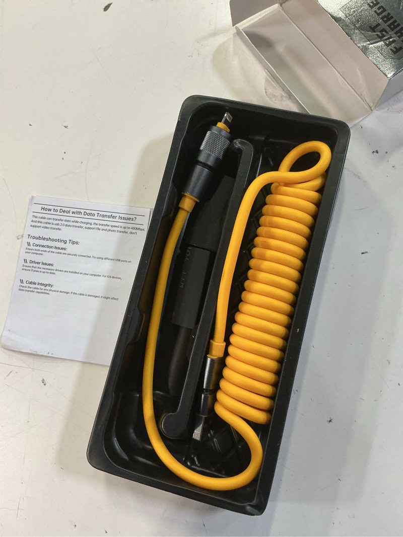 Condition photo showing Good Condition for 4-in-1 coiled usb c cable light-ning cable for car [60w fast charging&data transfer] [carplay&android auto] multi charger cord with light-ning/type c/usb a multiple ports for iphone/ipad, 5ft 60w coiled cable yellow