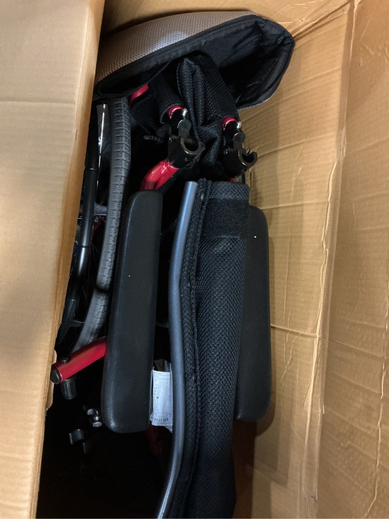 Condition photo showing As Is for karman s-115 25 lbs ultra light ergonomic wheelchair with removable footrest red color red 18" x 17" seat compact,height adjustable