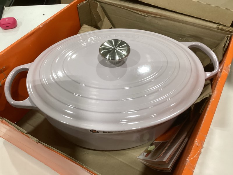 Condition photo showing Good Condition for Le Creuset Enameled Cast Iron Signature Oval Dutch Oven, 8 qt., Shallot Shallot 8 Qt