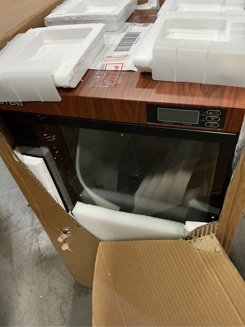 Condition photo showing As Is for 105l dehumidifying dry cabinet box, wood grain design digital control noiseless and energy saving,4 layer for camera lens and electronic equipment storage,temperature humidity led dual screen ad-105w