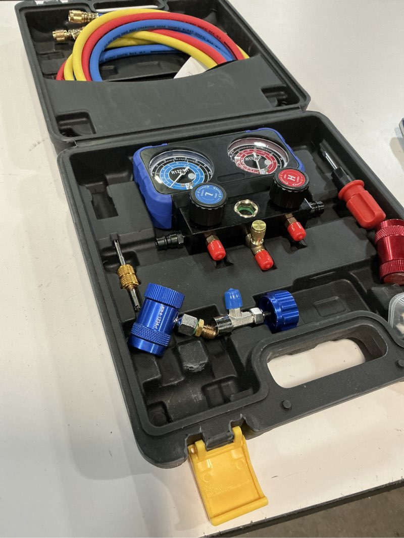 Condition photo showing Good Condition for calpose r1234yf ac gauge, 3 way ac manifold gauge set for r1234yf refrigerant, refrigerant gauges with 5ft hoses?r410a adapter, puncturing can tap, anti-collision dials provide more accurate reading black