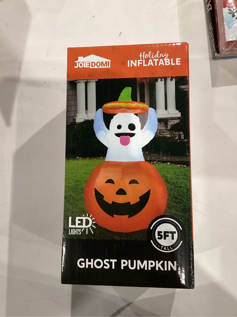 Condition photo showing New/Like New for Joiedomi 5 FT Halloween Inflatable Ghost Outdoor Decorations, Blow Up Yard Decorations in Pumpkin, Blow Up Ghost Inflatable with LEDs for Cute Halloween Decor Ghost with Pumpkin