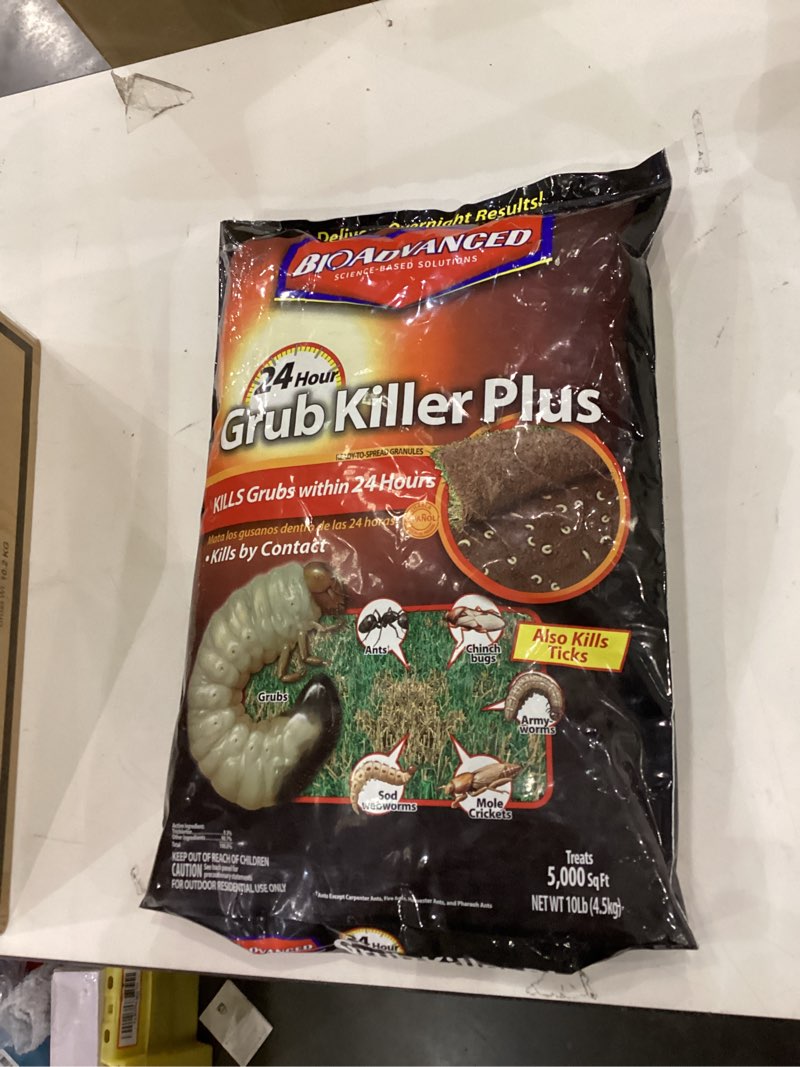 Condition photo showing New/Like New for BioAdvanced 24-Hour Grub Plus for Lawns, Ant, Tick, Insect Killer Outdoor, 10-Pounds, Ready-to-Spread Granules, Standard Bag Standard Bag 10 Pound
