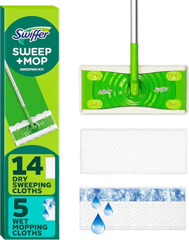 swiffer sweeper 2-in-1 mops for floor cleaning, dry and wet multi surface floor cleaner, sweeping and mopping starter kit, includes 1 mop + 19 refills, 20 piece set