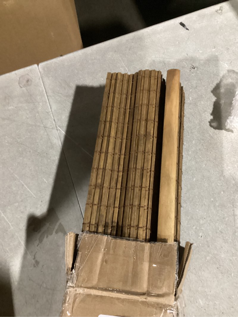 Condition photo showing As Is for LazBlinds No Tools No Drill Cordless Bamboo Roman Shades, Light Filtering Window Treatment, Roll Up Bamboo Blinds for Windows 22.5'' W x 48'' H, Eastfield Teak Light Filtering-eastfield Teak 22.5" W x 48" H