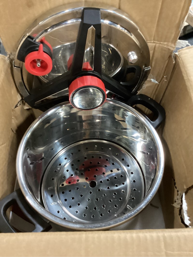 Condition photo showing As Is for 18/8 Stainless Steel Pressure Cooker 12 Quart, [One-Hand Locking] Olla de Presion, [3-In-1] Pressure Cooker, Induction Compatible, Gas Stovetop Compatible,Includes Glass Lid & Steamer Rack