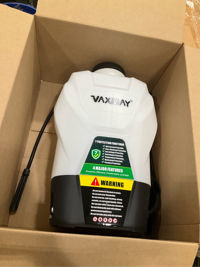Condition photo showing As Is for incomplete, missing accessories, vaxmay backpack sprayer 4.2 gallon battery powered, 100 psi electric garden sprayer works with makita 18v battery, weed lawn yard sprayer with 42\" telescopic wand, 5 nozzles, 2.5ah battery & charger