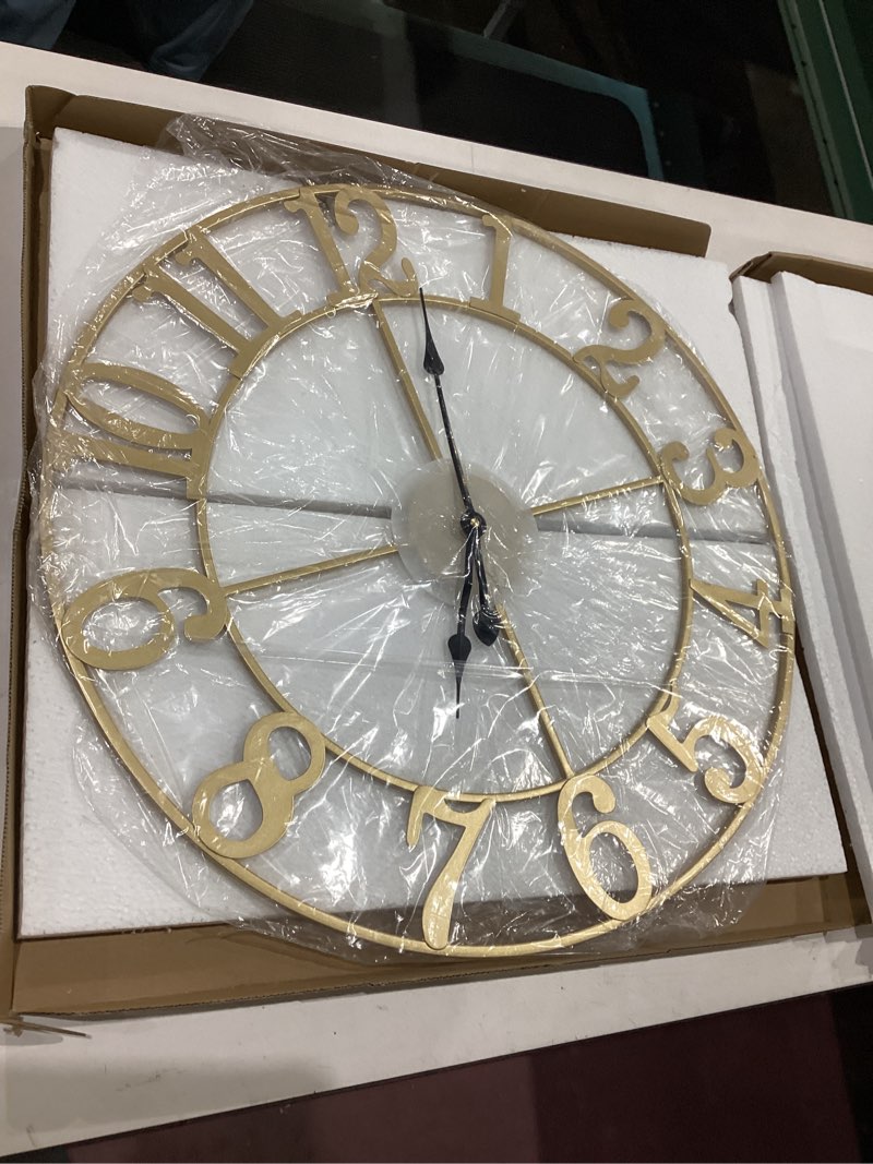 Condition photo showing Good Condition for large wall clock 24 inch gold clocks for living room, decorative wall clocks battery-operated, modern metal round clock silent non ticking for kitchen mantel bedroom office decor, arabic numerals gold arabic number 24 inch