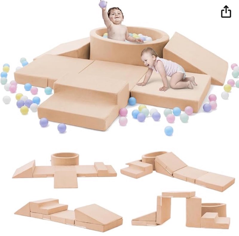 foam climbing blocks with ball pit & stairs for toddlers aged 1-3 -soft playset for indoor crawling, foam playground set for baby to active playing inside -(balls not included),beige