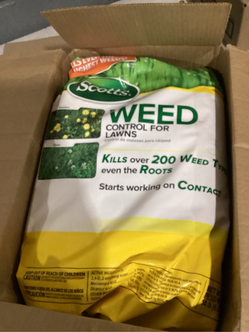 Condition photo showing Good Condition for scotts weed control for lawns, weed killer, kills over 200 weed types including dandelion and clover, 5,000 sq. ft, 14 lbs, yellow