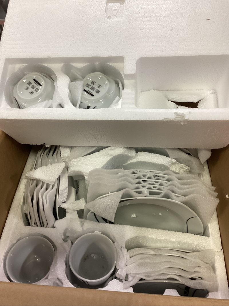 Condition photo showing Good Condition for VEWEET Porcelain Dinnerware Sets for 6, 24 Pieces Plates and Bowls Set with Black and Grey Ribbon Lines, Dishes Set Dining Ware for Dinner, Microwave and Dishwasher Safe, Series FIONA FIONA 24 Piece (Service for 6)