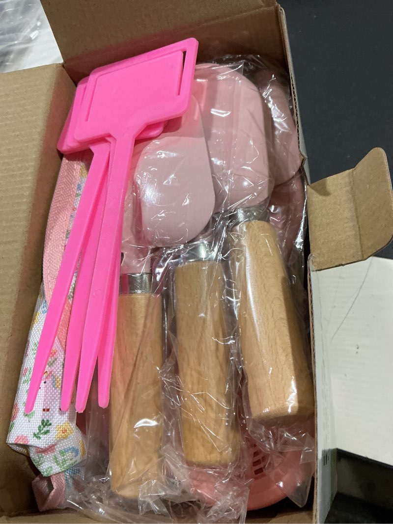Condition photo showing Good Condition for kids gardening set, garden tools kit for kids and toddler, includes rake, two shovels, gloves, watering can, apron, and tote bag, outdoor toys for girl boy, pink
