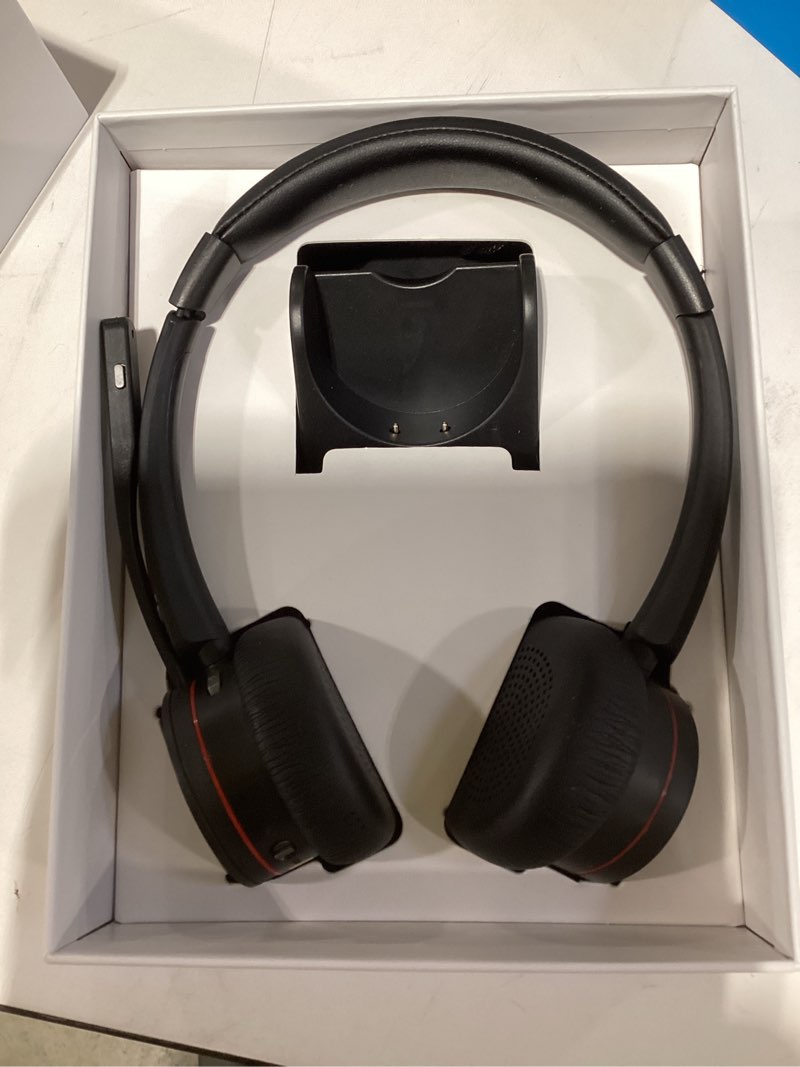 Condition photo showing As Is for Wireless Bluetooth Headset with Microphone AI Noise Cancelling for Computer/PC/Laptop/Cellphone, Bluetooth Headphone with Mic Mute & Charging Base for Home Office/Call Center/Teams/Zoom, etc