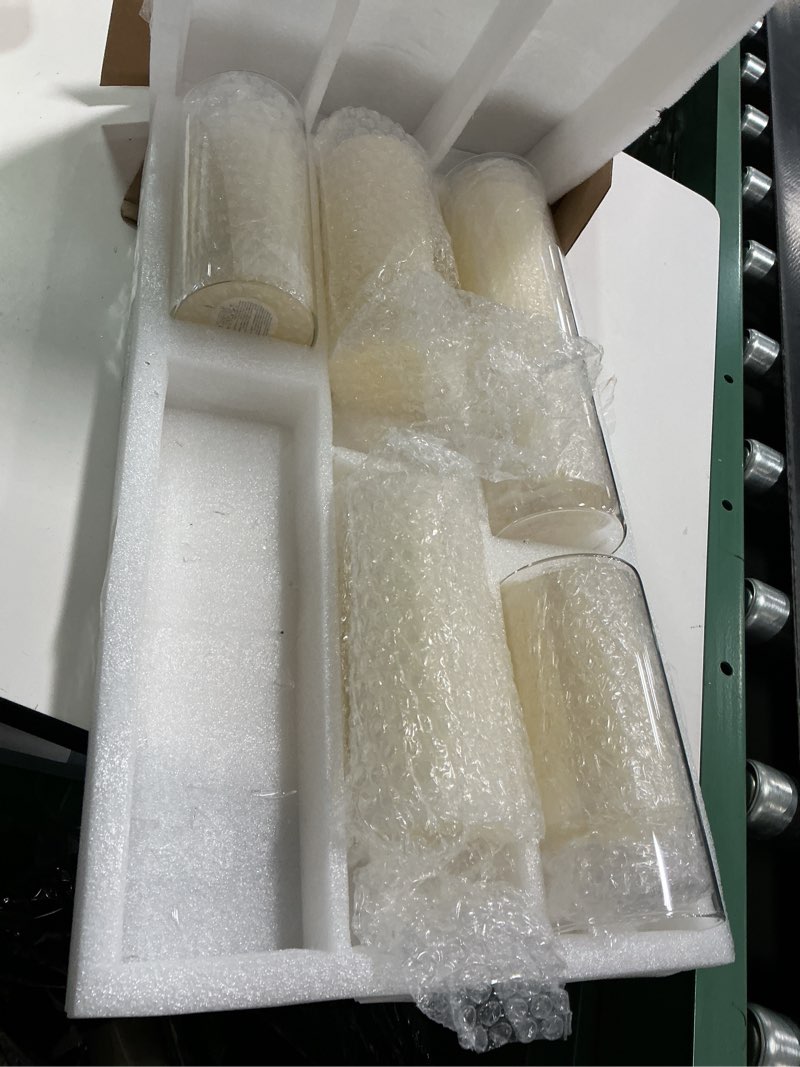 Condition photo showing As Is for Shihanee Set of 6 Pillar Candles and Glass Cylinder Vases Clear Cylinder CandleHolders for Slim Tall Pillar Candles Wedding Centerpieces Ivory White 3.4'' X 7", 9.8", 11.8"