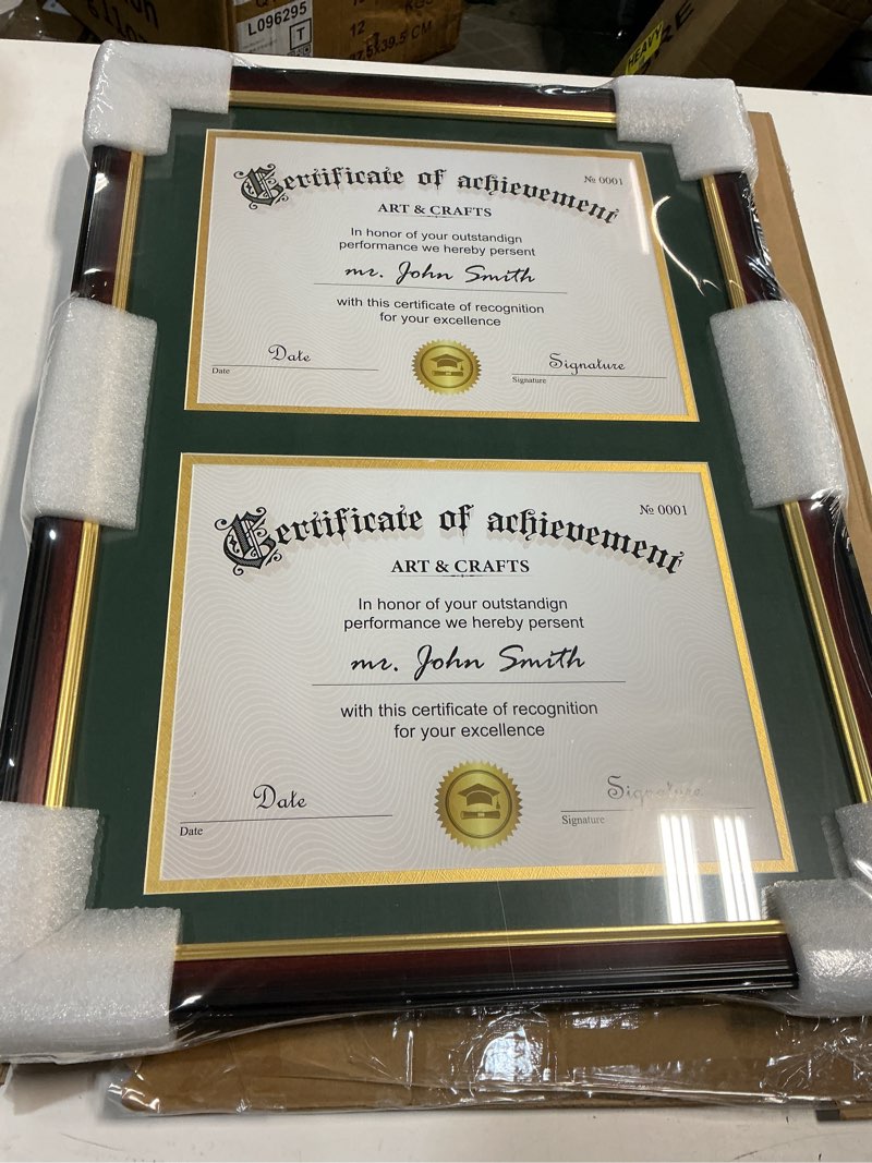 Condition photo showing New/Like New for Yaetm Inch Vertical Double Diploma Frame for Two Inch Certificates, Degrees, Documents, Tempered Glass with Black on Gold Acid-Free Mounting Brackets, Frames 16”x22” (similar to stock photo)