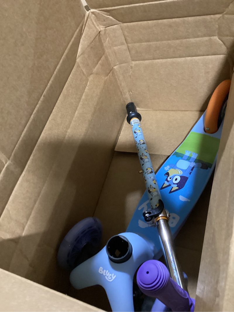 Condition photo showing As Is for self balancing kick scooter with light up wheels, extra wide deck, 3 wheel platform, foot activated brake, 75 lbs limit, kids & toddlers girls or boys, for ages 3 and up bluey