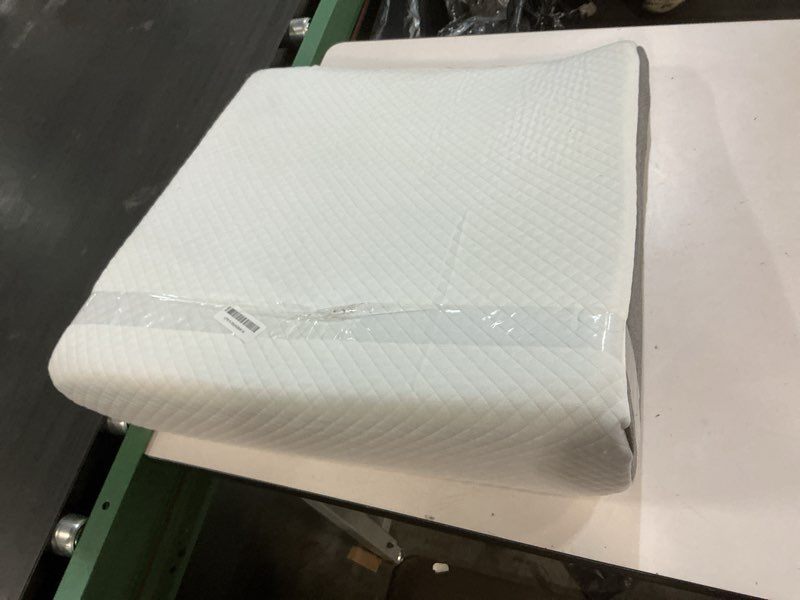 Condition photo showing As Is for bedluxe wedge pillow, 10 inch bed wedge pillow for headboard, pillow wedge for acid reflux relief, sleeping, back pain relief, snoring, triangle pillow wedge, white/grey 24*24*10 inch white grey
