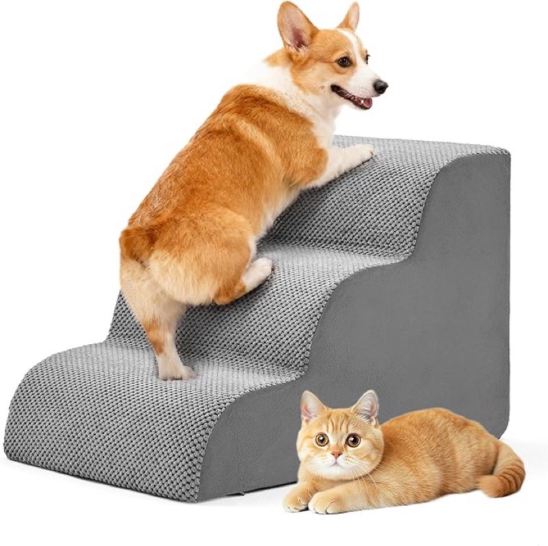 Pet Stairs for Small Dogs and Cats, Comfortable Curved Design, Grey, 3 Steps (Similar to stock photo)