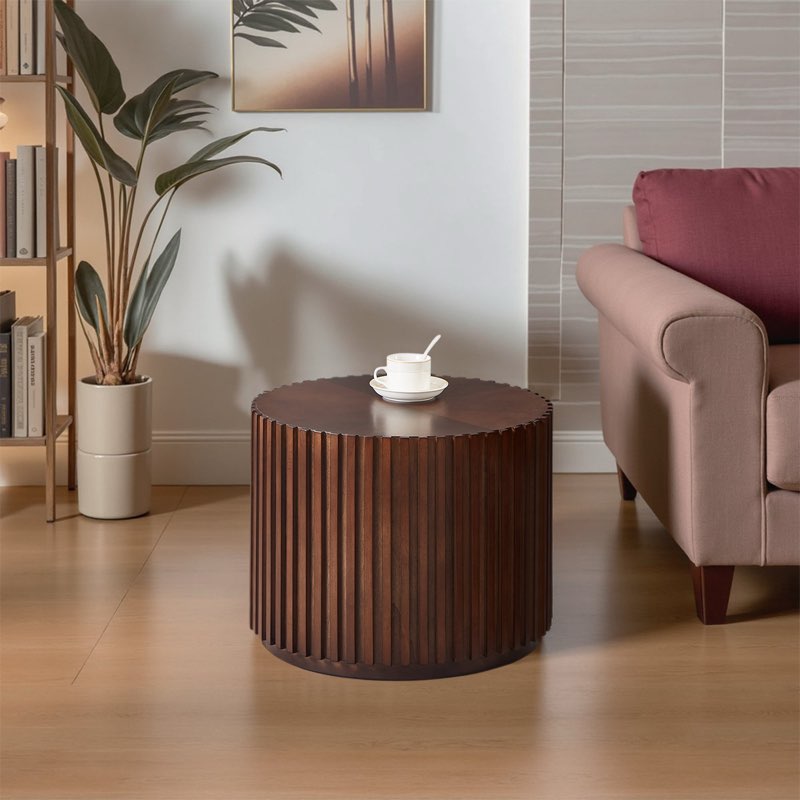 Round Wood End Table For Living Room, Modern Handcraft Drum End Table, Circle Wooden End Table For Small Space Apartment, No Need Assembly(Espresso,20X20X14 In)