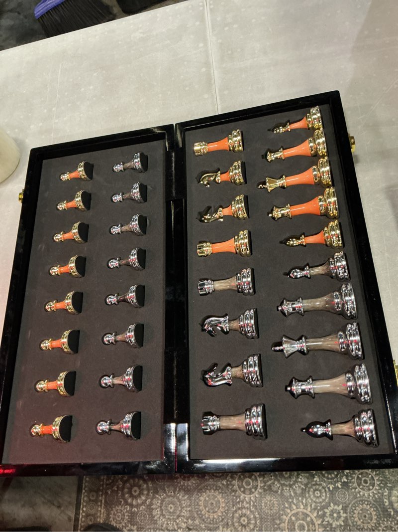 Condition photo showing Good Condition for luxury large metal & acrylic chess set with wooden chess board (17”) – weighted chess pieces with 3.5” king, foldable tournament chess set for adults and kids, professional chess game set