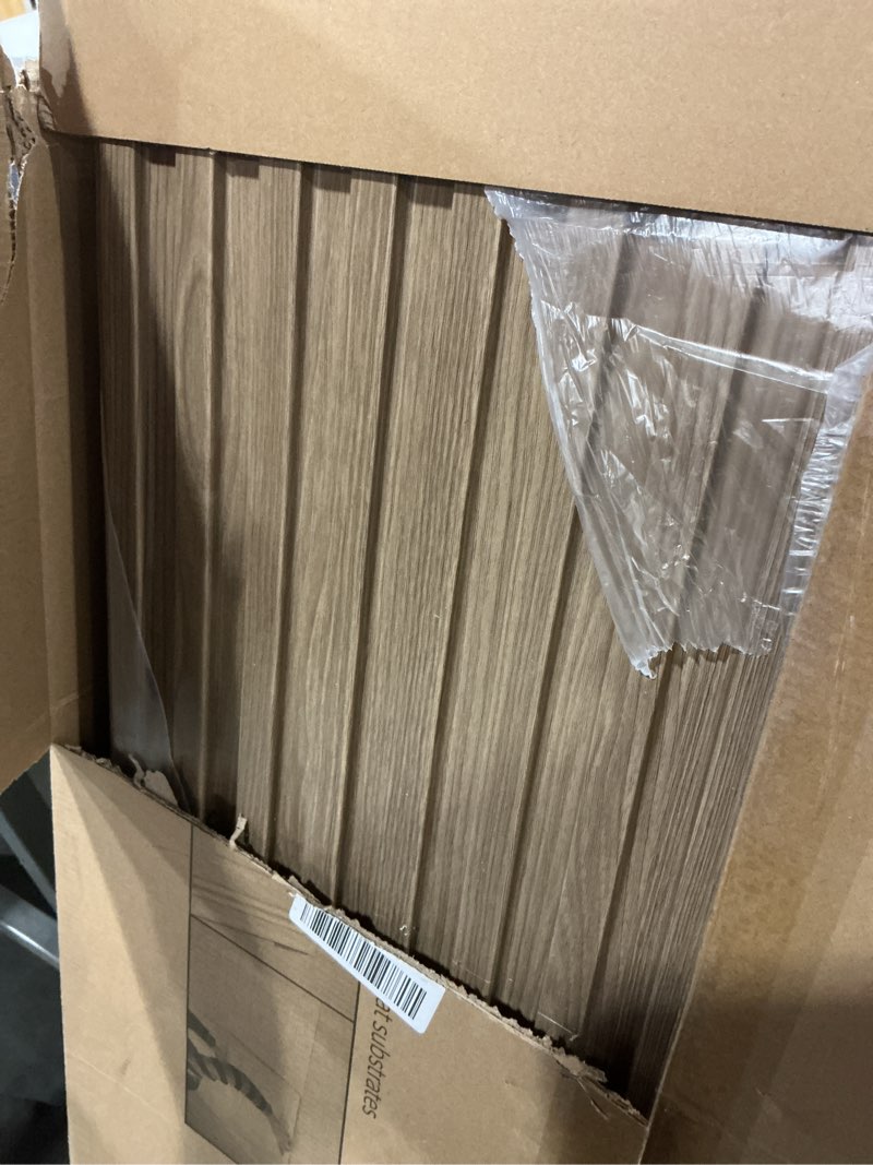 Condition photo showing Good Condition for Art3d 12-Pack Slat Design 3D Wall Panels for Interior Wall Decor, 2x4 FT PVC Decorative Drop Ceiling Tiles - Walnut 24 x 48in. Oblong - Walnut 12