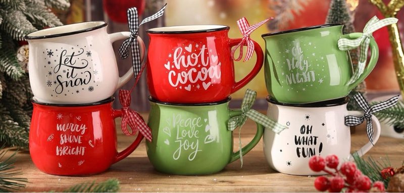 zubebe christmas coffee mugs set of 6 , 12 oz hot cocoa ceramic holiday mugs set for mom, woman, family, friend - farmhouse tiered tray decor, coffee bar decor(red, green, white)