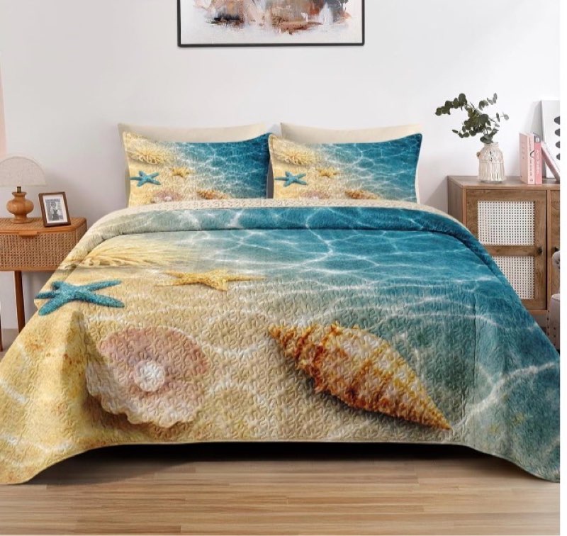 pamnest quilt set king size, summer beach seashell 3 pcs soft bed cover bedding set for kids and adu