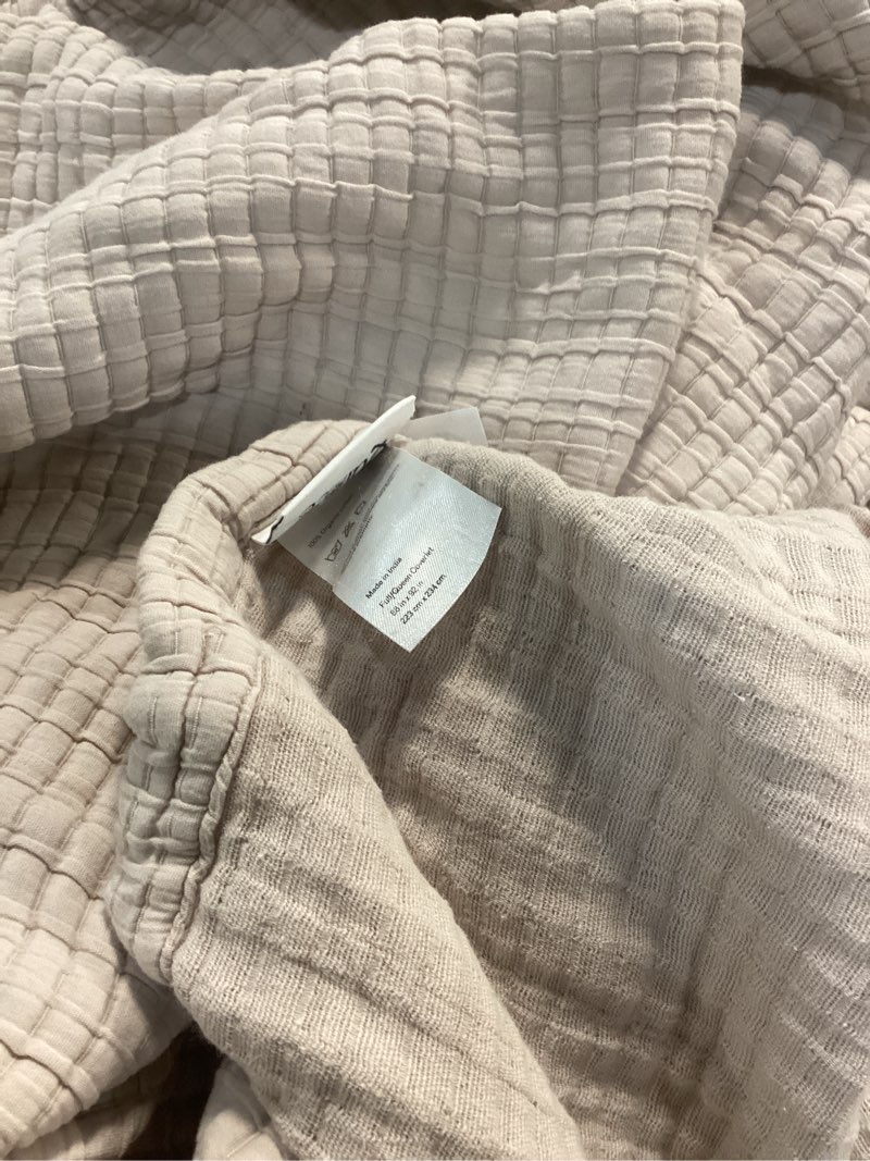 Condition photo showing As Is for organic cotton channel stitch coverlet, taupe, full/queen