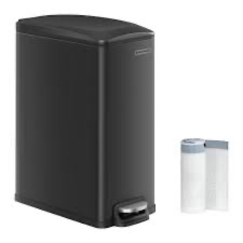 songmics slim trash can, 13-gallon (50 l) garbage can for narrow spaces with soft-close lid, inner bucket, and step-on pedal, stainless steel, 15 trash bags included, black ultb510b48