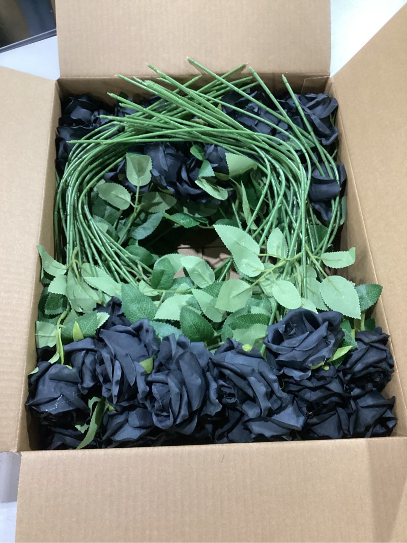 Condition photo showing Good Condition for hotop 80 pcs rose artificial flowers bulk with long stem, silk roses realistic fake flowers bouquet for wedding table centerpieces bridal shower party home decorations(black)