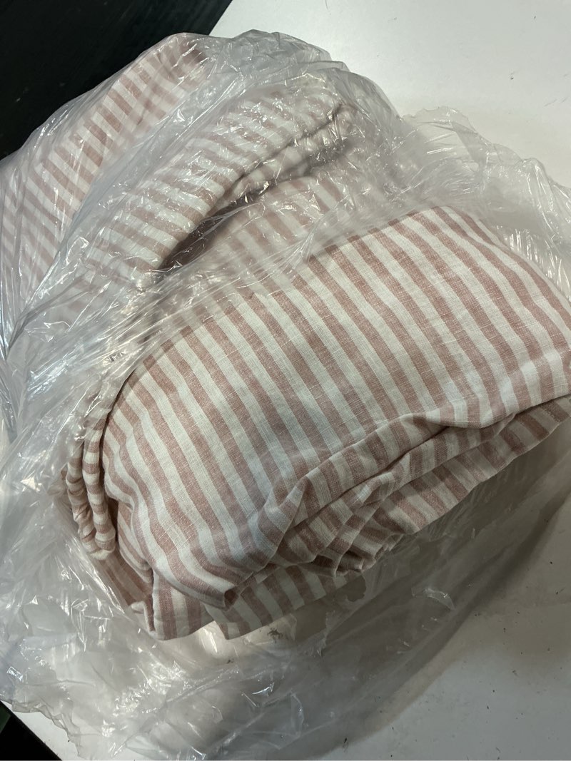 Condition photo showing As Is for european linen sheet set, king, dusty mauve/white stripe