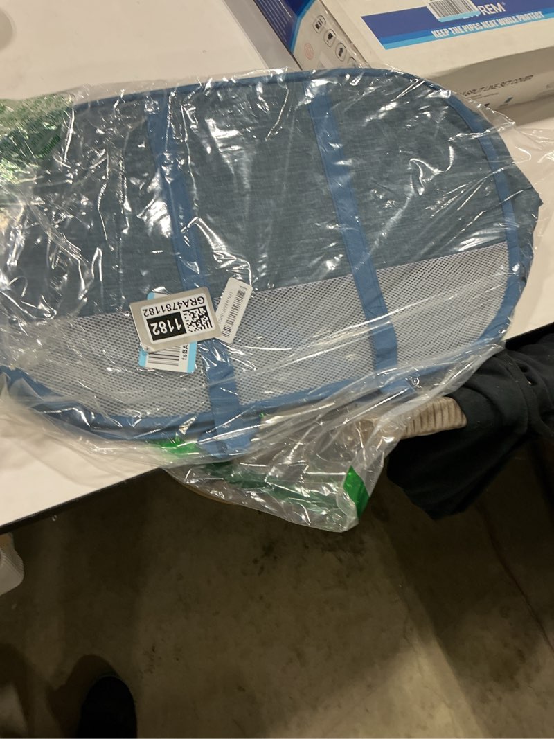 Condition photo showing New/Like New for collapsible laundry baskets, tear proof pop up laundry hamper with dual handles, durable foldable laundry basket, easy to carry laundry hamper for home, laundry room, bedroom, dorm, travel blue pop horizontal 82l-1x-blue