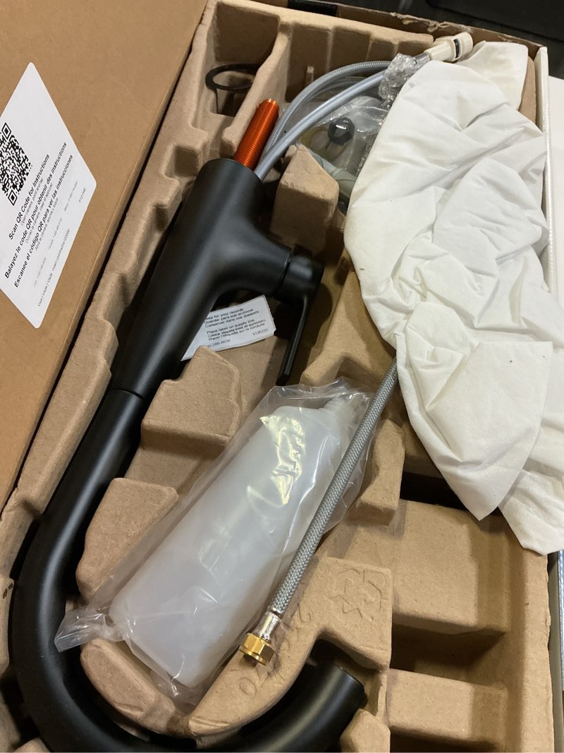 Condition photo showing As Is for moen haelyn matte black kitchen faucet featuring pulldown sprayer with power boost for a faster clean, modern kitchen faucet, single-handle easy installation, 87627bl matte black standard