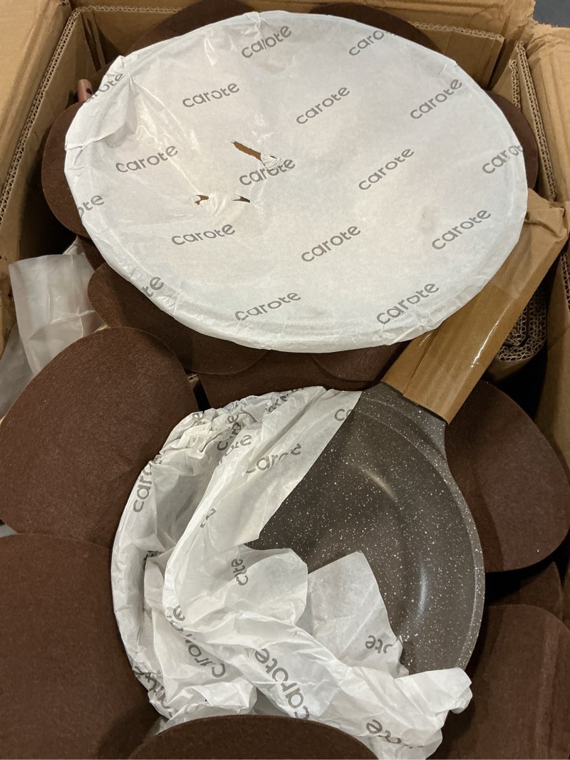 Condition photo showing New/Like New for carote 22 pcs pots and pans set, nonstick cookware sets | induction kitchen cooking set, special texture design, ultra durable, easy food release, even heating, with frying pans set brown 26 piece