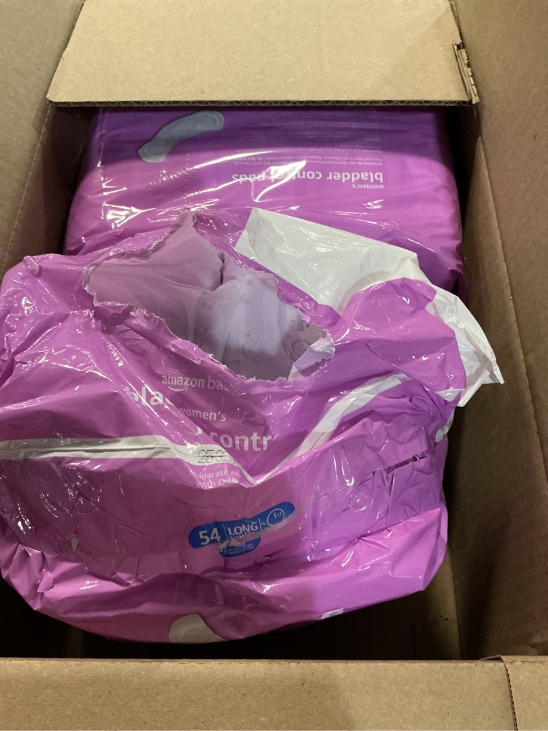 Condition photo showing As Is for amazon basics incontinence pads for women long, bladder control, postpartum, moderate absorbency, unscented, 108 count (2 packs of 54) moderate (108 count) 108.0